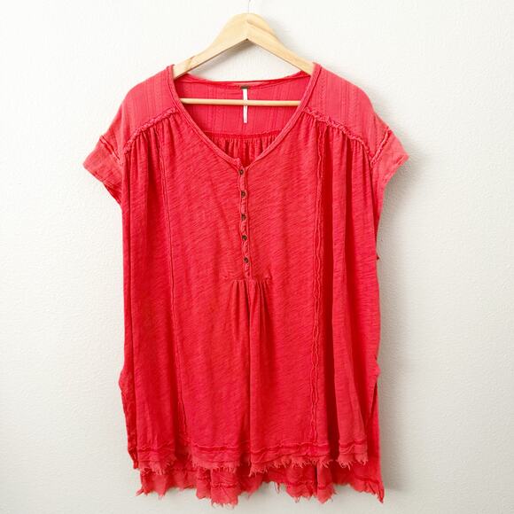 FREE PEOPLE | Aster High-Low Henley Orange Raw Edge Button Oversized | Small - Picture 3 of 11
